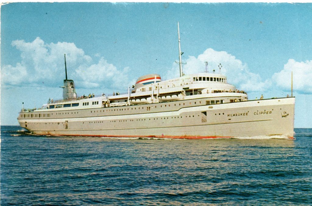 From 1941 to 1970, the Milwaukee Clipper linked Milwaukee and Muskegon, Michigan. The ship offered amenities including a live orchestra, a fine restaurant, and even a movie theatre. Carl Swanson collection