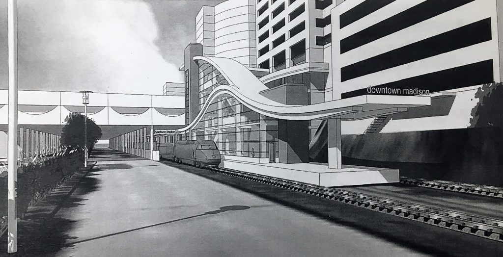 A mock-up of Madison's proposed high-speed rail station on John Nolen Drive. Rendering courtesy of the Wisconsin Department of Transportation.