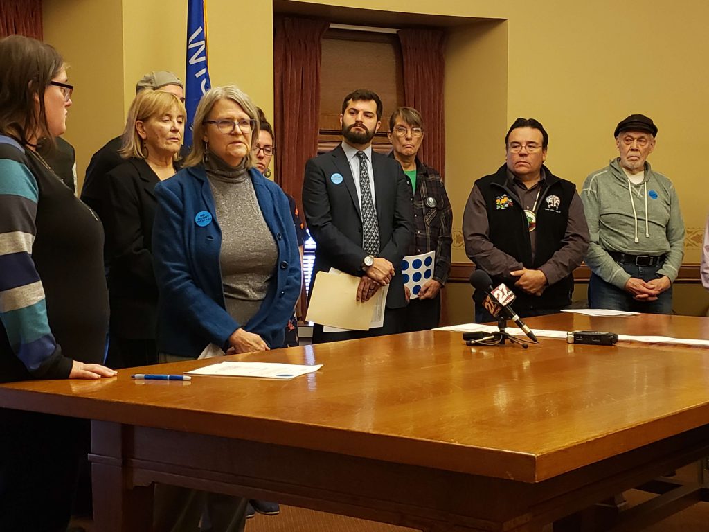group of organizations oppsed to SB 386, which maked trespassing on pipeline and ther energy-related projects a felony, speak with media representatives before the Senate Judiciary and Public Safety committee hearing on the bill Tuesday. Photo by Erik Gunn/Wisconsin Examiner.