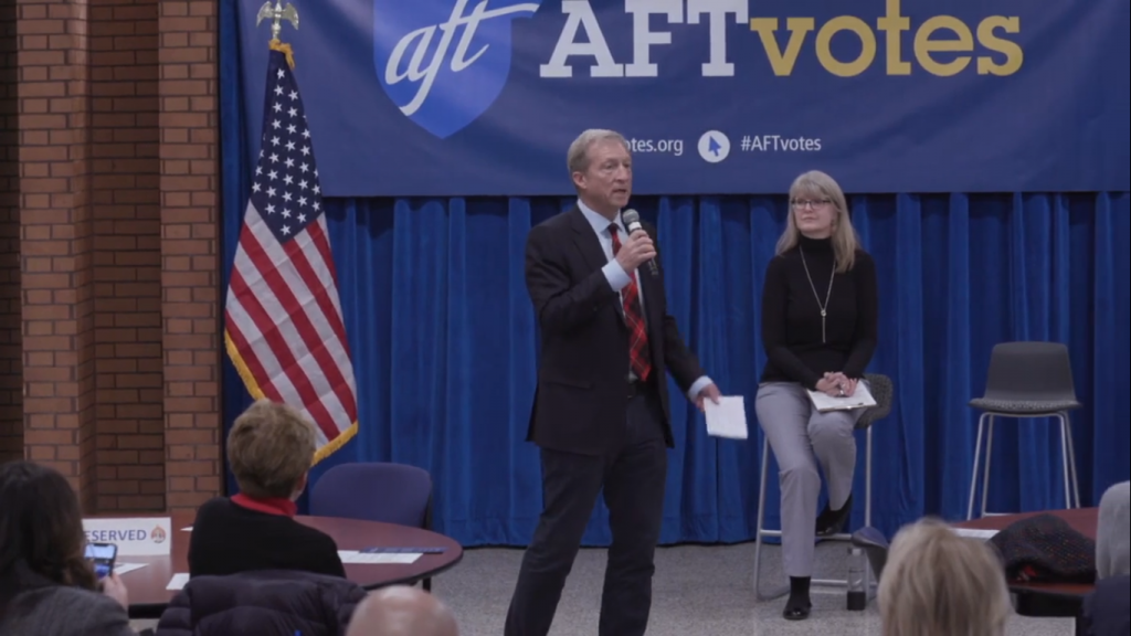 Tom Steyer and Lisa Conley. Image from AFT's Facebook Live.