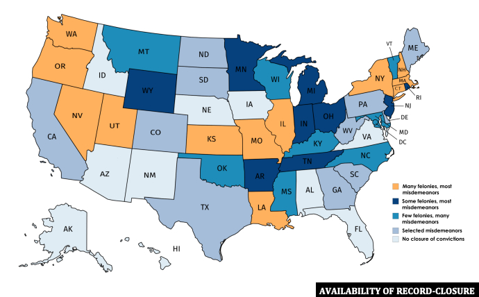 This map from the Collateral Consequences Resource Center shows what types of criminal conviction records can be sealed in the 50 states and Washington, D.C. A 2018 report from the Wisconsin Policy Forum called Wisconsin’s law “atypical” because it restricts that eligibility to individuals who were under 25 at the time of the crime and requires that record-sealing decisions be made at the original sentencing hearing. Map from Collateral Consequences Resource Center.