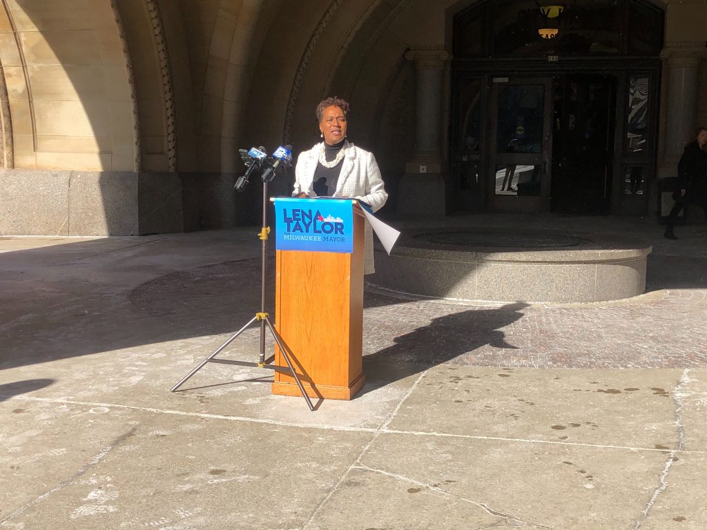 Senator Lena Taylor speaking outside Milwaukee City Hall. Photo by Jeramey Jannene.