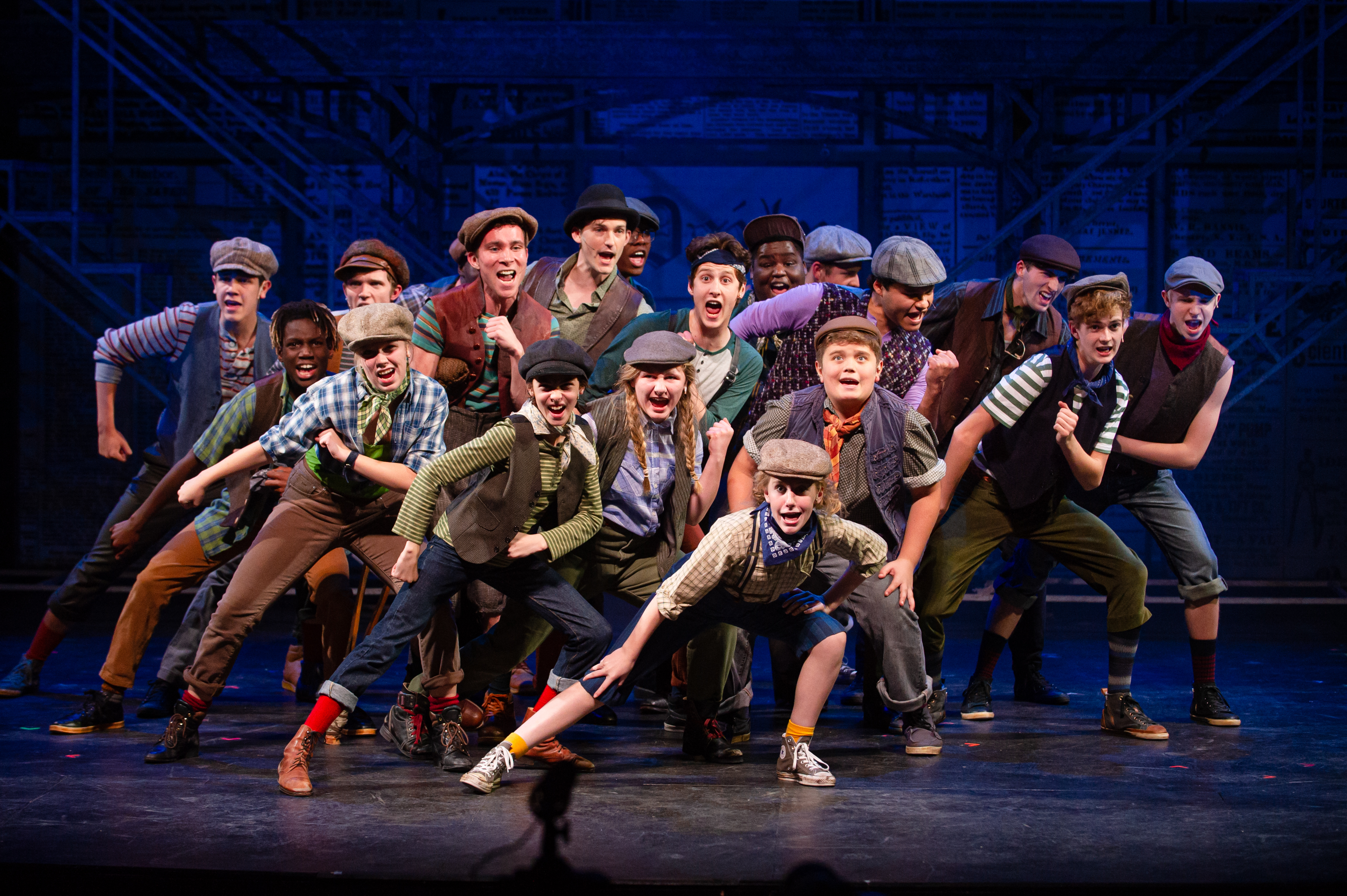 The cast of Skylight Music Theatre’s production of Disney’s Newsies running November 15 – December 29, 2019. Photo by Mark Frohna.