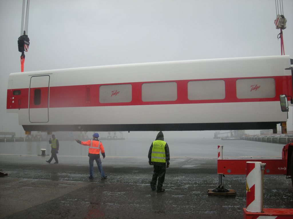 A Talgo high speed rail carbody painted in "Badger Red" gets preparred for shipping. Photo courtesy of the Wisconsin Department of Transportation.