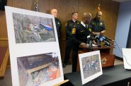 Milwaukee County Sheriff Earnell Lucas, center, speaks at a press conference Friday, Nov. 22, 2019 at the Milwaukee County Sheriff's Office about a bunker discovered along the Milwaukee River in Milwaukee, Wis. Photo by Alana Watson/WPR.