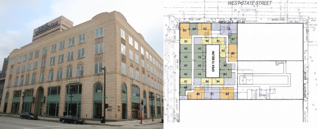 Milwaukee Journal building (left, photo by Jeramey Jannene), Journal Square Lofts floor plan (right, Eppstein Uhen Architects)