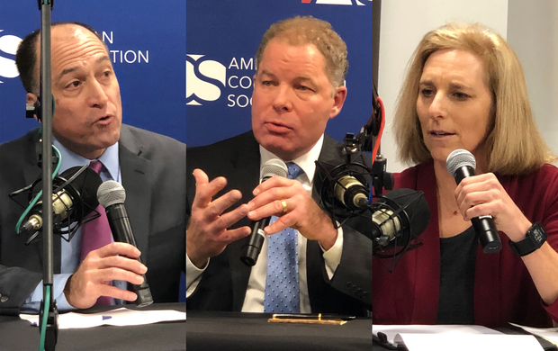 Wisconsin Supreme Court candidates Ed Fallone, incumbent Daniel Kelly and Jill Karofsky participated in a debate on Tuesday, Nov. 19, 2019. Photo by Laurel White/WPR.
