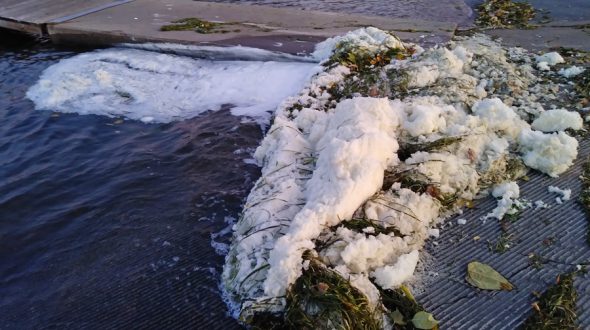 Foam present in Starkweather Creek in October 2019 shows elevated levels of PFOS and PFOA (PFAS chemicals). Photo from courtesy of the DNR.
