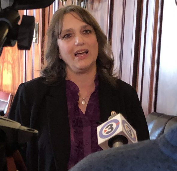 Marsy’s Law for Wisconsin chairwoman Teri Jendusa-Nicolai speaks after a 12/19/19 news conference by attorneys challenging the constitutional amendment. Photo by Melanie Conklin