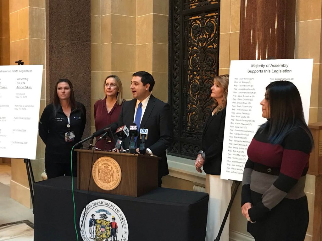 Attorney General Josh Kaul advocates for a law to prevent another backlog of untested sexual-assault kits at a Capitol news conference on Dec. 3 2019. Photo from the WI DOJ.