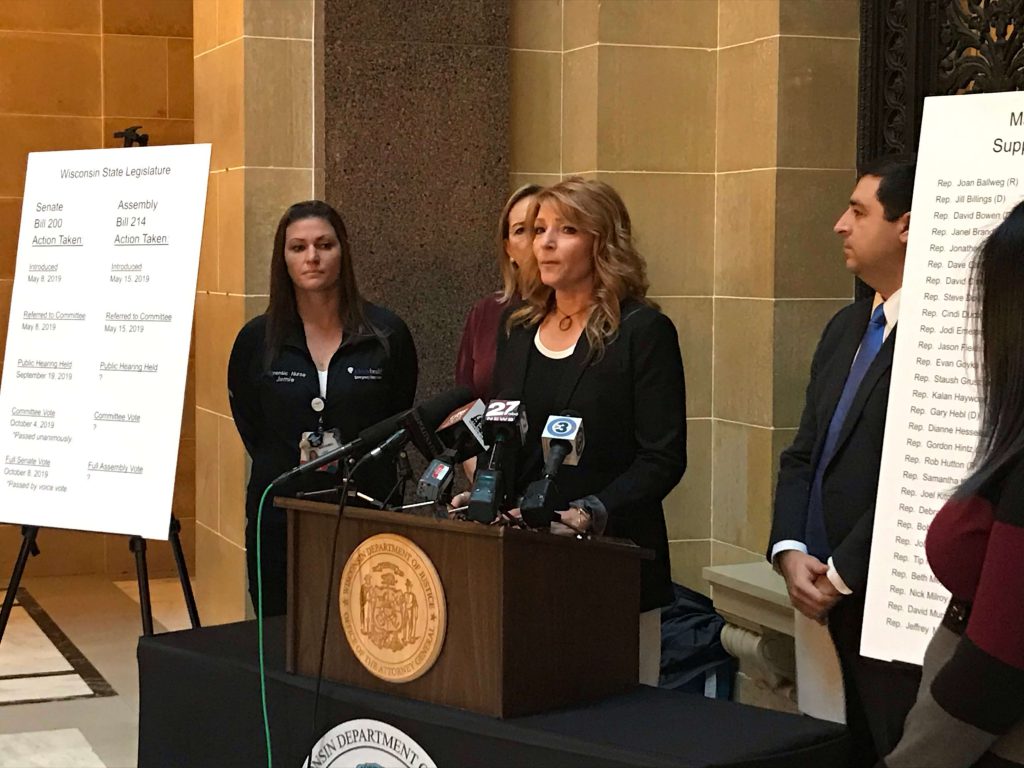 Jacqueline Jaske, a sexual assault survivor, shares her story at a Capitol news conference with AG Josh Kaul. Photo from the WI DOJ.