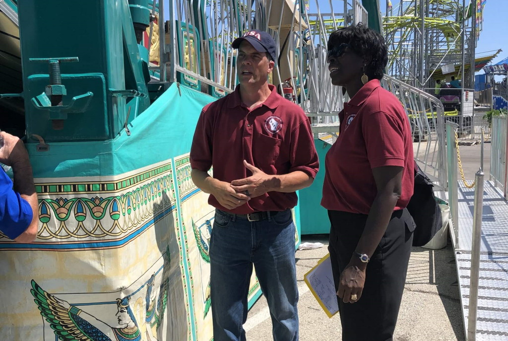 Secretary-designee Crim at the Wisconsin State Fair with Tim Condon, an occupational safety inspector. Photo courtesy of DSPS.