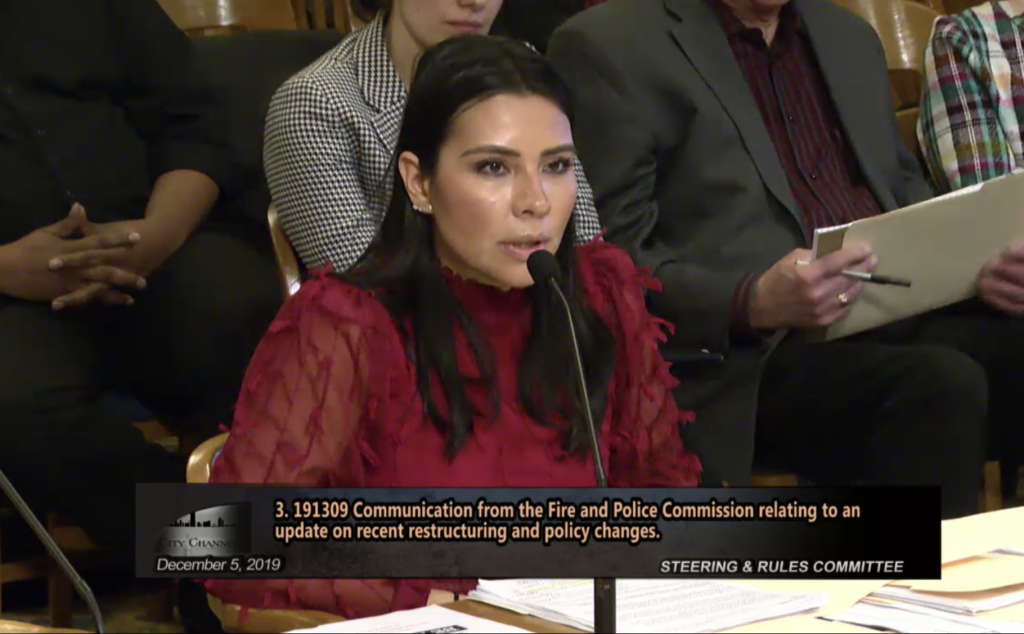 FPC Executive Director Griselda Aldrete speaks before the Common Council. Image from the City of Milwaukee.