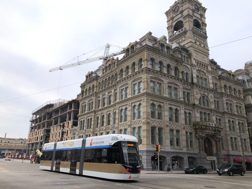 The Mackie Building and Huron Building with a passing streetcar. Photo by Jeramey Jannene.