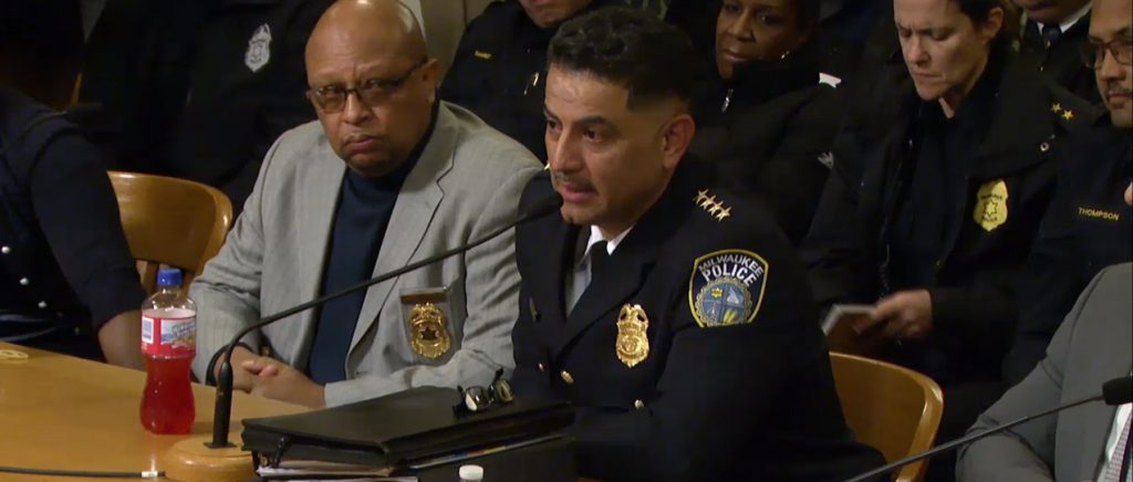 Police chief Alfonso Morales speaks to the Fire and Police Commission. Image from City of Milwaukee/Channel 25.