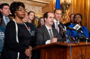 State Rep. Jonathan Brostoff (D-Milwaukee) at a press conference on restoring public school funding and phasing out the state voucher program. Photo courtesy of Rep. Brostoff’s office.