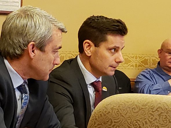 From left, State Rep. Rob Hutton and state Sen. Chris Kapenga speak in favor Wednesday of a bill intended to limit new occupational licenses in Wisconsin. Photo by Erik Gunn/Wisconsin Examiner.