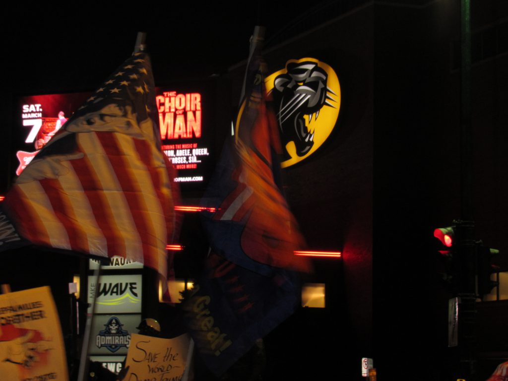 Trump flags in view of the UW-Milwaukee Panther Arena Photo by Isiah Holmes/Wisconsin Examiner.