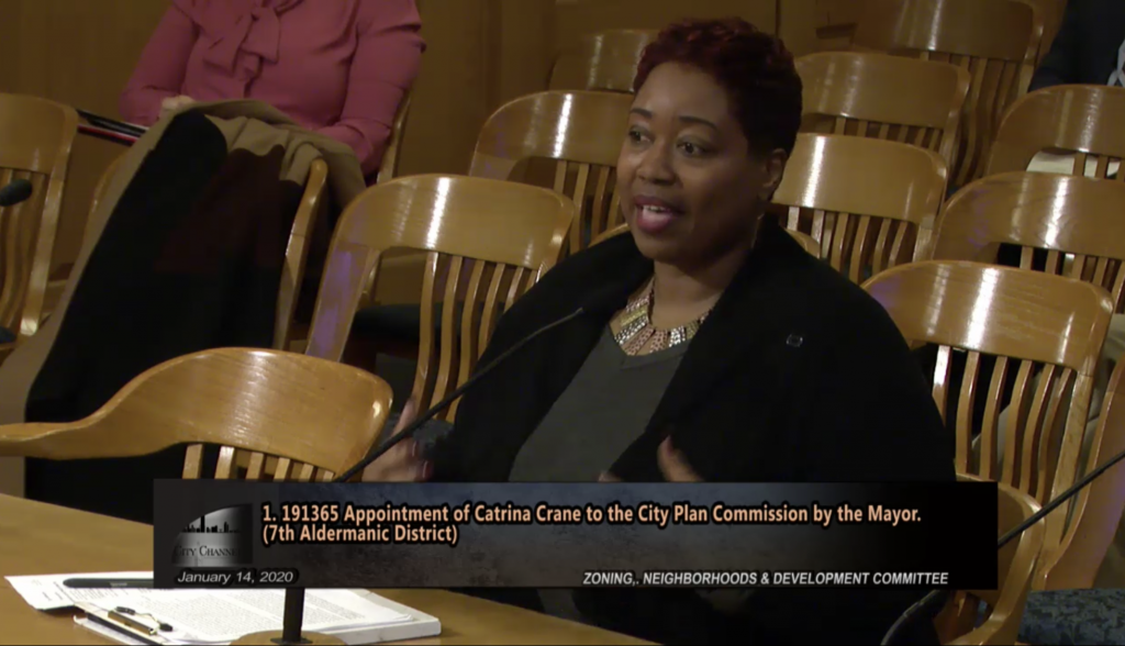 Catrina Crane speaks at a Common Council committee meeting. Image from Channel 25/City of Milwaukee.