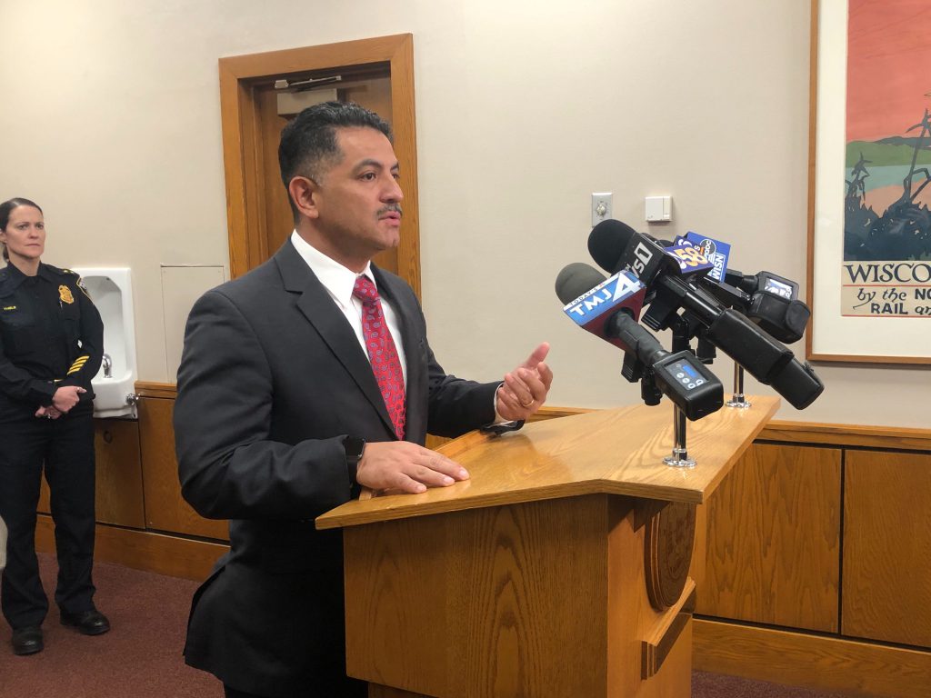 Police Chief Alfonso Morales speaks at a press conference on the DNC. Photo by Jeramey Jannene.