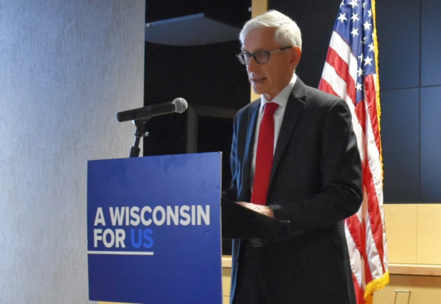 Gov. Tony Evers spoke at a press conference Wednesday Jan. 9, 2020, in Wausau about his legislative priorities for 2020, which he framed as "homework" for legislators. Photo by Rob Mentzer/WPR.