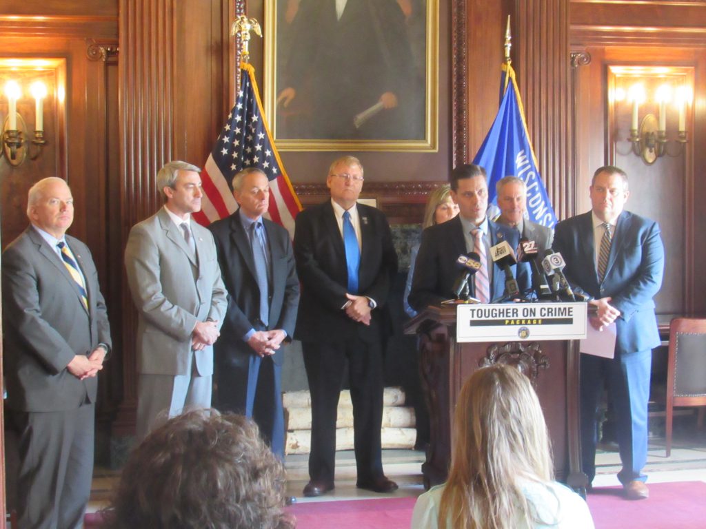 The "tougher on crime" sponsors gather to announce the new bills. Photo by Isiah Holmes/Wisconsin Examiner.