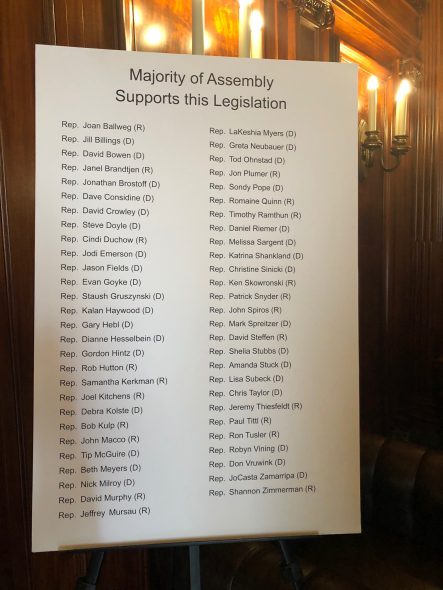 A list of the sponsors of the original bipartisan bill AB 214 displayed at a news conference on rape kit backlog elimination. Photo by Melanie Conklin/Wisconsin Examiner.