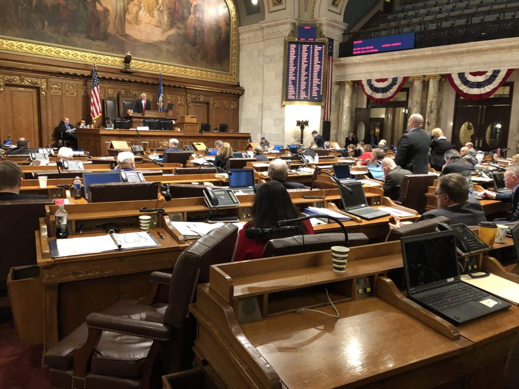 During a 2/11/20 debate on bills to prevent a rape kit backlog many Republican seats (left side of Assembly floor) sit empty with no GOP leaders present. Photo by Melanie Conklin/Wisconsin Examiner.