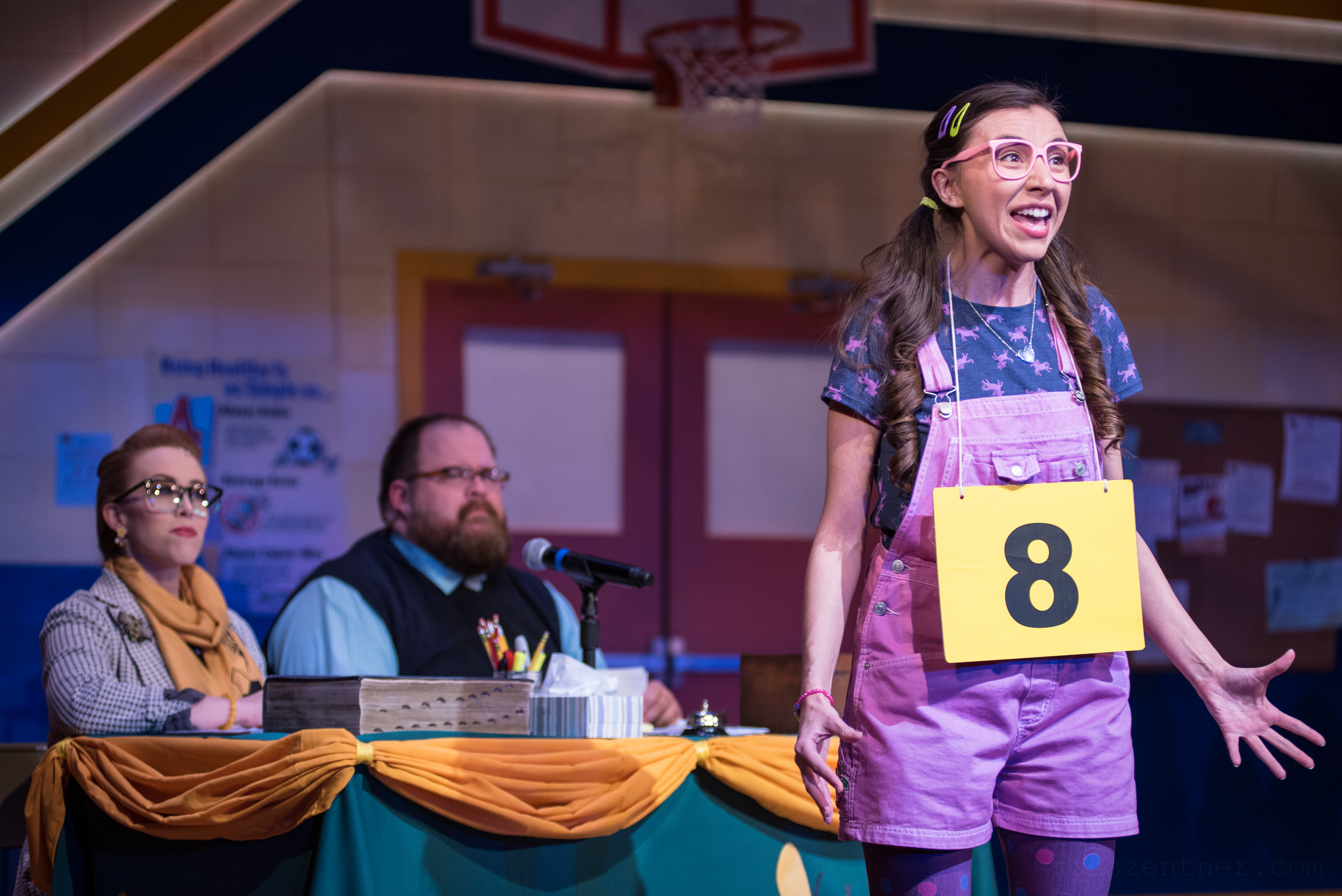 (l. to r.) Samantha Sostarich (Rona Lisa Peretti), Robby McGhee (Douglas Panch) and Amanda Rodriguez (Olive Ostrovsky) in Skylight Music Theatre’s production of The 25th Annual Putnam County Spelling Bee running February 7 – February 23, 2020. Photo by Ross Zentner.