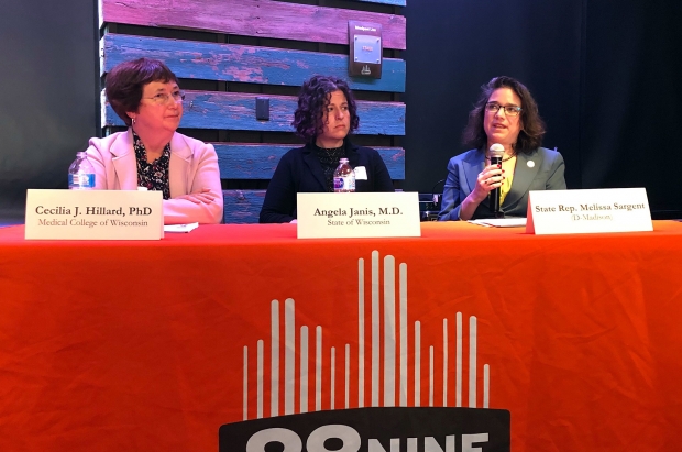 From left to right: Dr. Cecilia Hillard, associate dean for research at the Medical College of Wisconsin, psychiatrist Angela Janis and state Rep. Melissa Sargent, D-Madison, at a Milwaukee Press Club panel on medical marijuana at 88Nine Radio Milwaukee on Feb. 3, 2020. Photo by Corrinne Hess/WPR.
