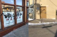 The Republican Party of Wisconsin’s field office in Milwaukee’s Bronzeville neighborhood was vandalized overnight, according to the Republican Party of Wisconsin. The photo taken Wednesday, Feb. 19, 2020, shows some of the spray-painted messages and shapes. Photos courtesy of the Republica Party of Wisconsin/WPR.