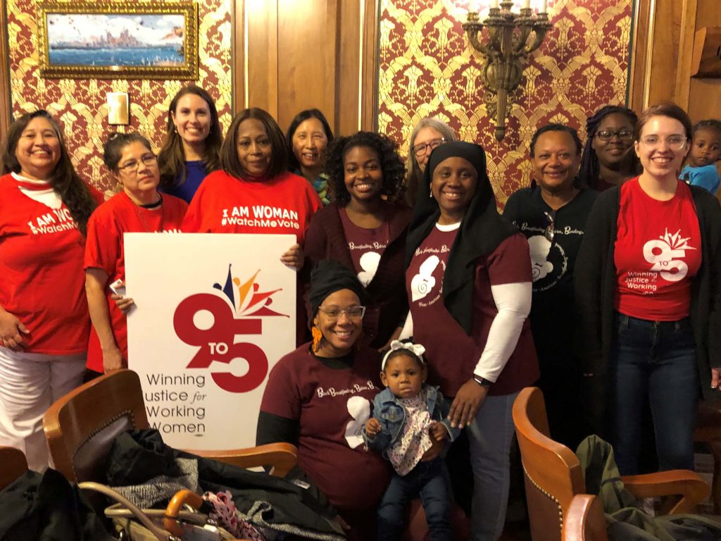 The women of 9 to 5 come to the Capitol to lobby for the Family and Medical Leave Insurance Act, a new bill that would create a pool of employees in Wisconsin to provide paid leave for employees in Oct. 2019. File photo by Melanie Conklin/Wisconsin Examiner.