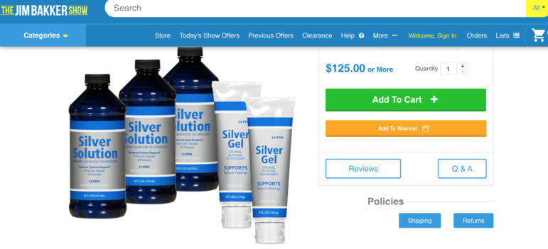 This March 6, 2020 screenshot from the website of “The Jim Bakker Show” includes an offer for Silver Solution and Silver Gel, two products the show had offered as preventions for contracting COVID-19. The federal government ordered the televangelist to stop the deceptive marketing. The product is no longer advertised on Bakker’s site. Photo from the The Jim Bakker Show website.