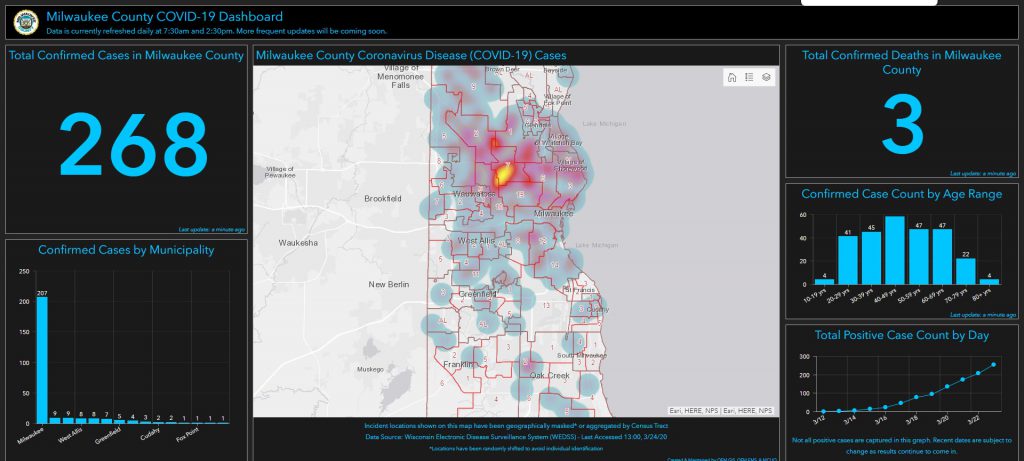This heatmap shows the areas hardest hit by the COVID-19 pandemic. Image from the Milwaukee County COVID-19 Dashboard.