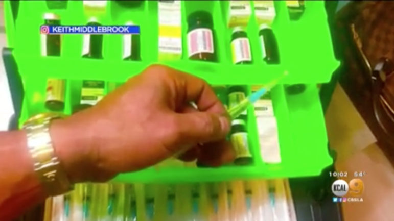 In an Instagram video, Keith Lawrence Middlebrook claimed he had a pill to make people immune to the coronavirus and injections for those already infected. Local news station KCAL in Los Angeles broadcast excerpts of the video, which has since been deleted from Middlebrook’s Instagram. Photo courtesy of KCAL Los Angeles.