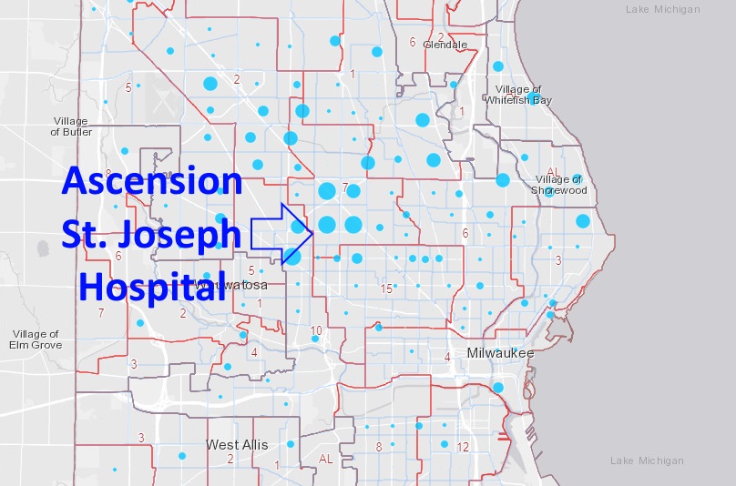COVID-19 Case Map and St. Joseph Hospital. Map from Milwaukee County COVID-19 Dashboard.