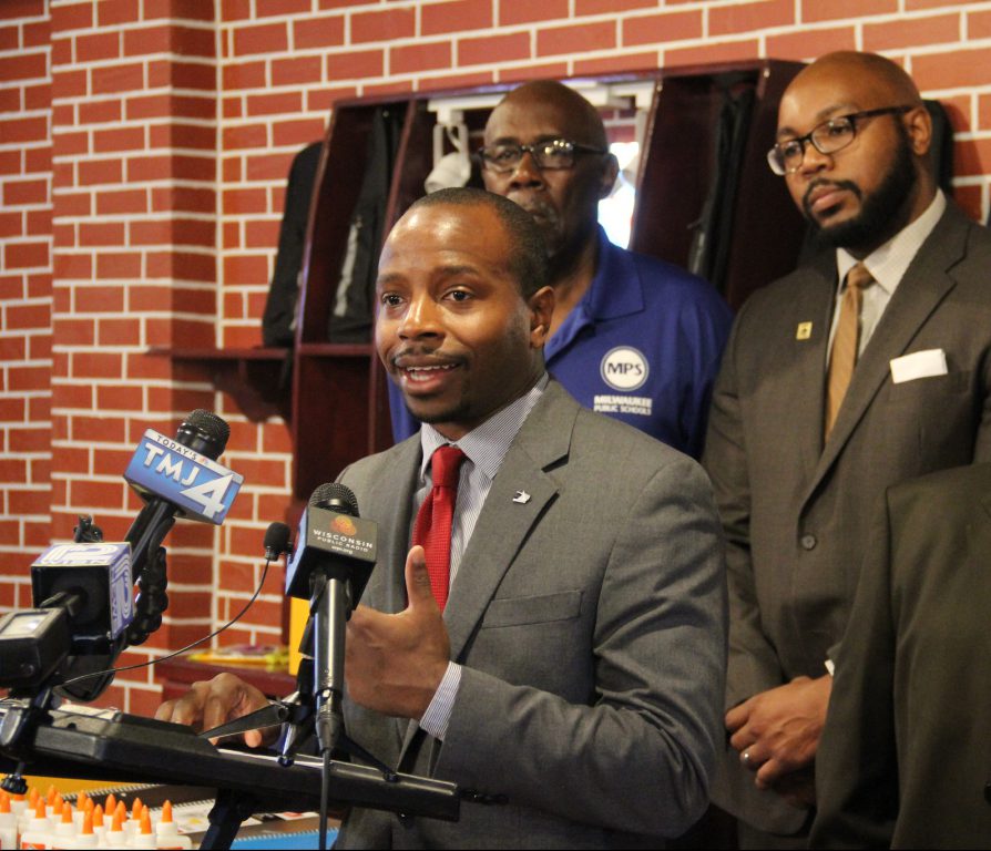 Cavalier Johnson speaks at a press conference in August 2016. Photo from the City of Milwaukee - Public Information Division.