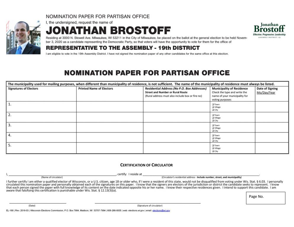State Rep. Jonathan Brostoff has made his nomination papers available to download online.