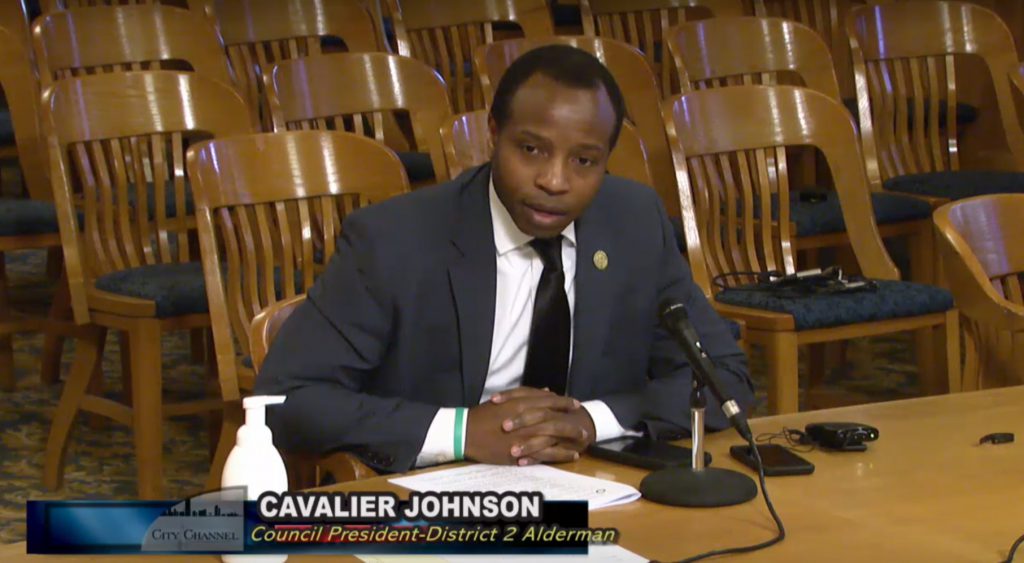 Council President Cavalier Johnson addresses his colleagues. Image from the City of Milwaukee City Channel.