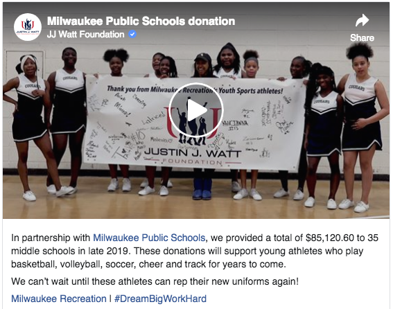 JJ Watt Foundation Donates New Uniforms and Equipment to 35 Milwaukee Recreation Youth Sports Teams