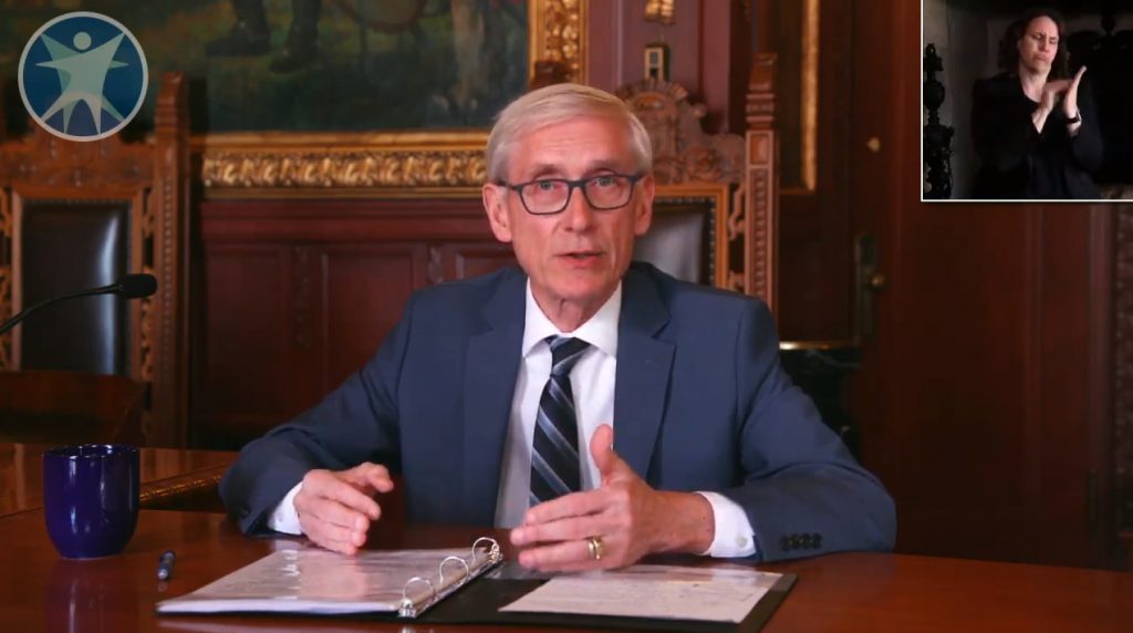 Governor Tony Evers addresses the media on April 16th. Image from the Department of Health Services.