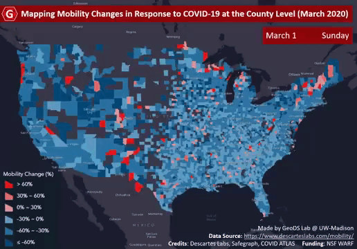 In latter half of March 2020, mobility across nearly all of the U.S. plummeted as more people stopped commuting or traveling in respon.se to the emerging COVID-19 pandemic. This graphic shows how these mobility changes can be viewed at the county level over the course of the month. Map by Jinmeng Rao/GeoDS Lab/UW-Madison.