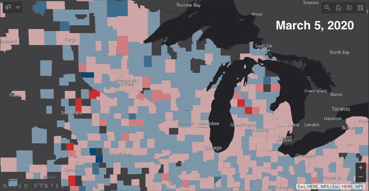 Between the first week of March and the second week of April, travel by Wisconsinites dropped considerably, though movement increased in many counties during the April 7 election. In this graphic, darker red indicates longer travel trips compared to Feb. 1, while darker blue corresponds to shorter trips. Map by GeoDS Lab/UW-Madison.