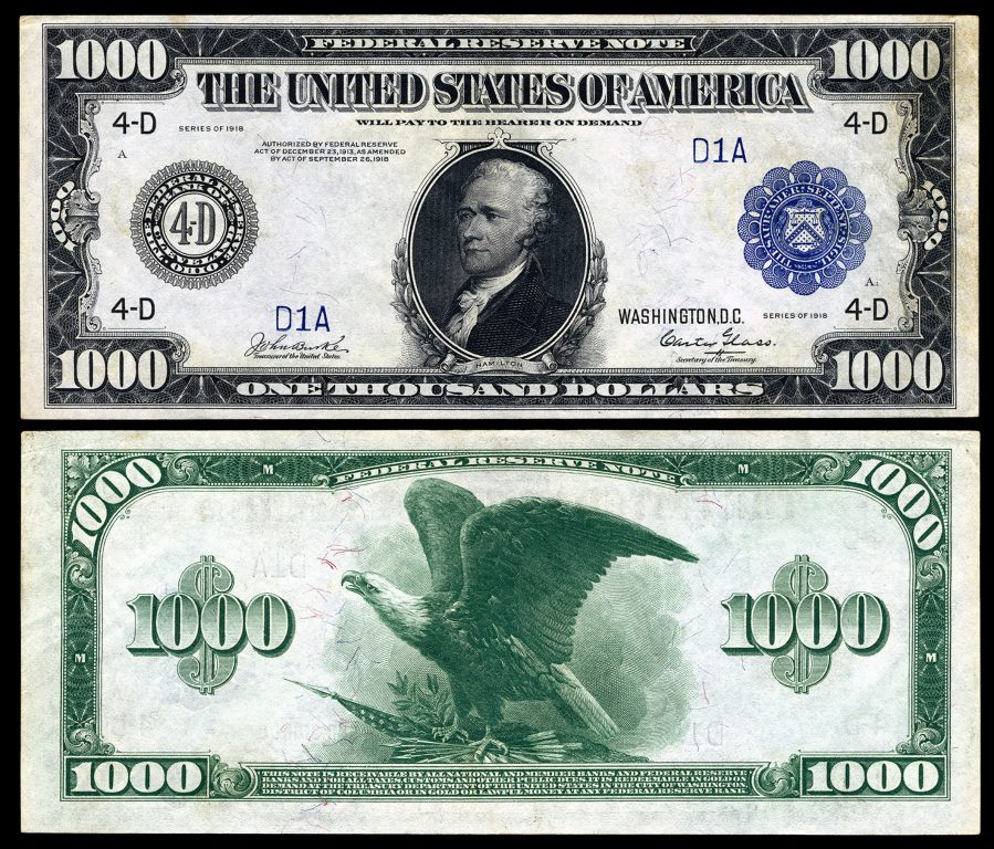 A Series 1918 $1,000 Federal Reserve Note bears the engraved signature of Secretary of the Treasury Carter Glass, who helped craft the 1913 bill that created the Federal Reserve System. Image from the National Numismatic Collection/National Museum of American History (Public domain).