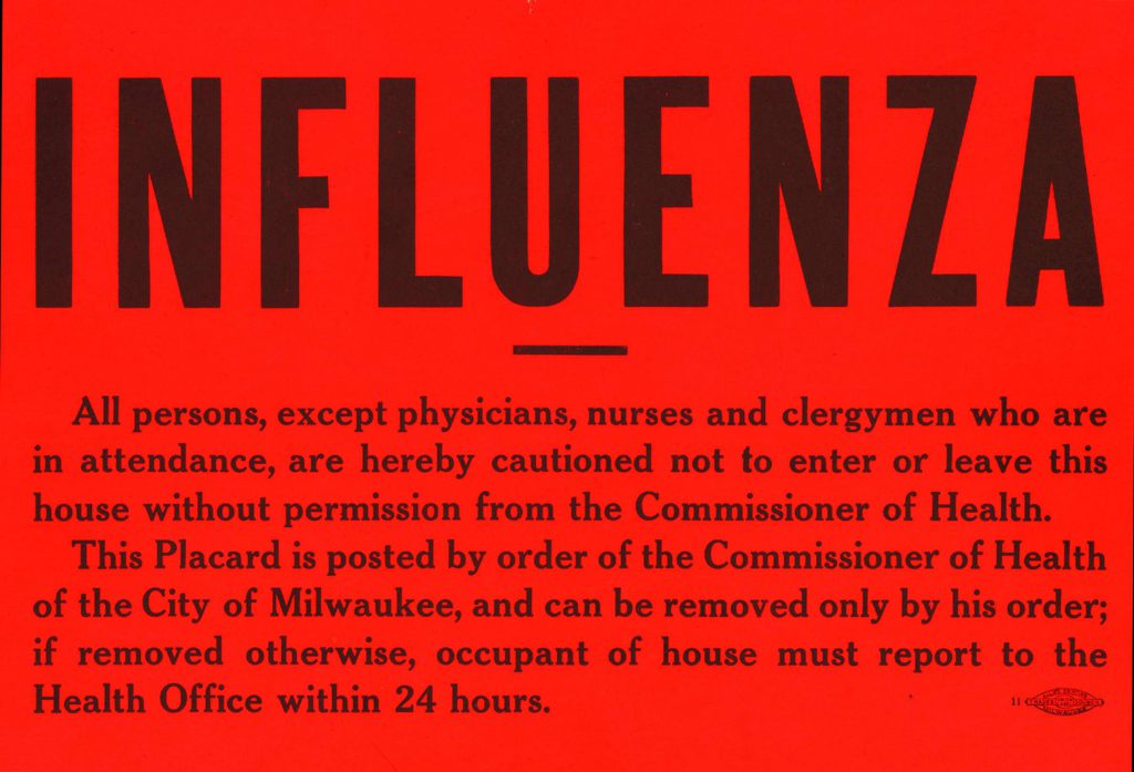 A placard issued by Milwaukee authorities to be posted in windows or tacked alongside doorways warns of contagion. These were used for other diseases as well. Image from the Milwaukee Health Department.