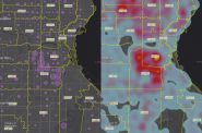 COVID-19 cases in the last 14 days (left), heat map over life of outbreak (right). Images from Milwaukee County COVID-19 Dashboard.