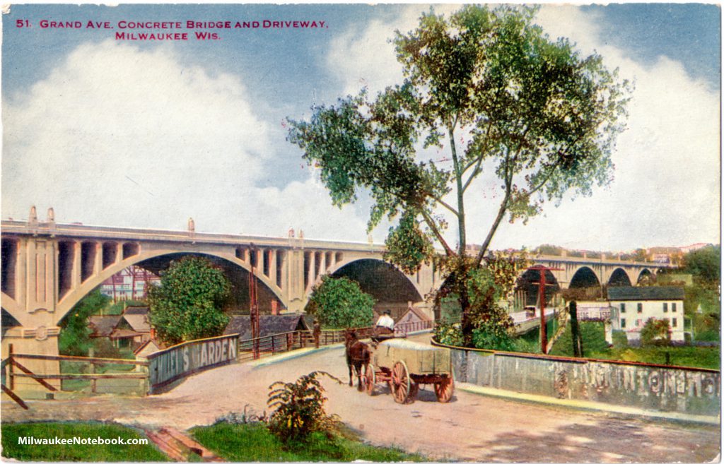 Horse-drawn carts like the one shown in this postcard view were common sights when the Grand Avenue viaduct was built in the early 1900s. Carl Swanson collection.