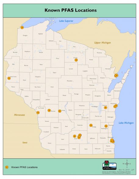 This graphic, supplied by the Wisconsin DNR, shows identified locations of PFAS concentrations around the state as of November 2015. Image courtesy of Wisconsin DNR.