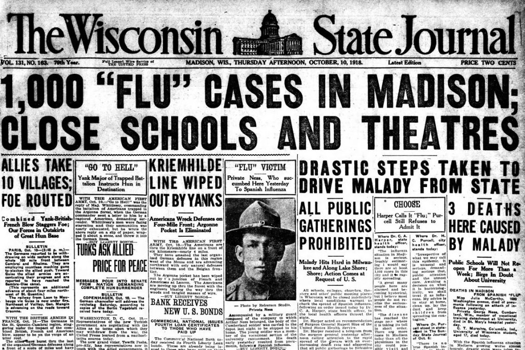 The headline of the Oct. 10, 1918 Wisconsin State Journal proclaims that there were 1,000 cases of the Spanish flu in Madison and that all public gatherings were banned. The story goes on to say that all schools, colleges, churches and theaters were closed indefinitely under an order by Dr. Cornelius A. Harper, the state health officer. Wisconsin State Journal archives/Wisconsin Watch.