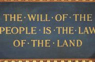 Art from the ceiling in the governor's rooms reads "The will of the people is the law of the land." Photo by Melanie Conklin/Wisconsin Examiner.